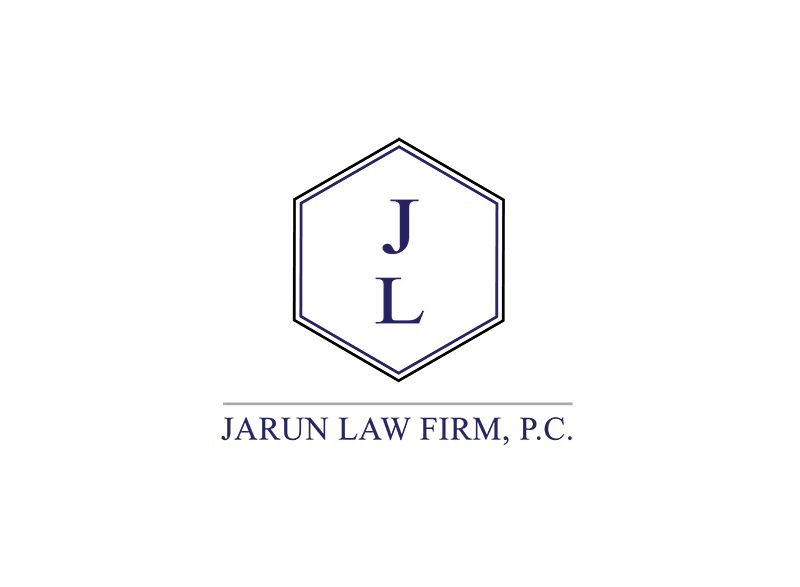 Jarun Law Firm logo with JL stacked vertically inside of Hexagon